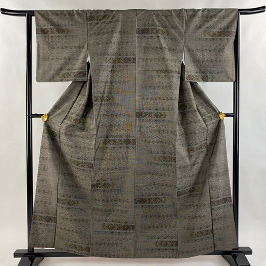 【美品】 紬織 身長160.5cm 袖長63.5cm S 雙層 花菱 草花紋紋 黑灰 純蠶絲 秀品級