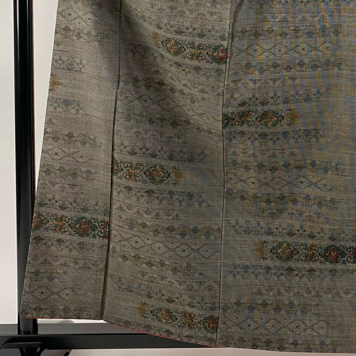 【美品】 紬織 身長160.5cm 袖長63.5cm S 雙層 花菱 草花紋紋 黑灰 純蠶絲 秀品級