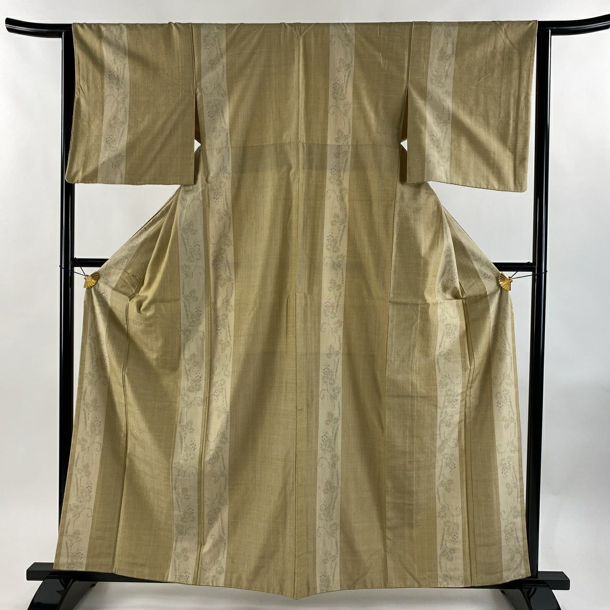 【美品】 紬織 身長161.5cm 袖長63cm S 雙層 葡萄唐草紋 縞紋 米色 純蠶絲 優品級
