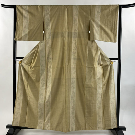 【美品】 紬織 身長161.5cm 袖長63cm S 雙層 葡萄唐草紋 縞紋 米色 純蠶絲 優品級