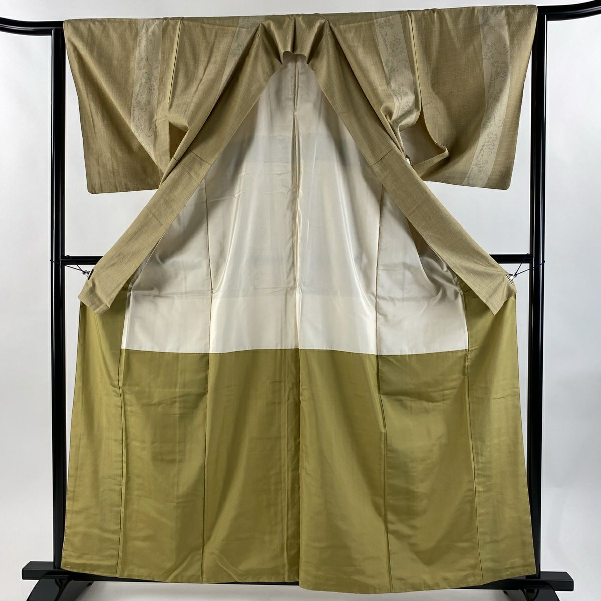 【美品】 紬織 身長161.5cm 袖長63cm S 雙層 葡萄唐草紋 縞紋 米色 純蠶絲 優品級
