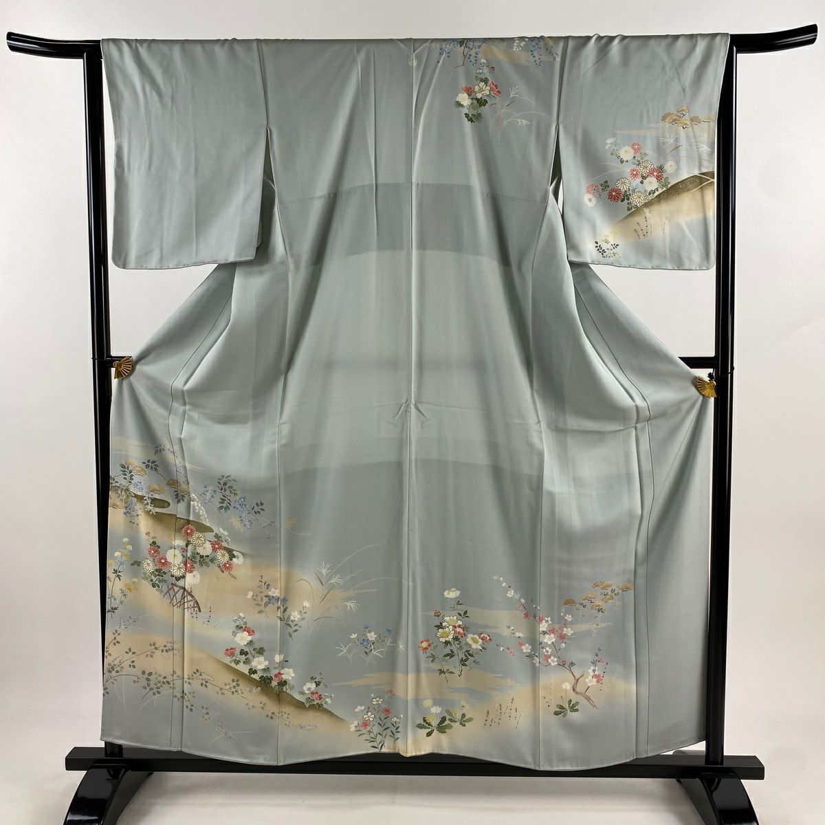 訪問服 身長158.5cm 袖長65cm M 雙層 菊花 霞 金銀彩 漸層 水藍 純蠶絲 秀品級 一つ紋