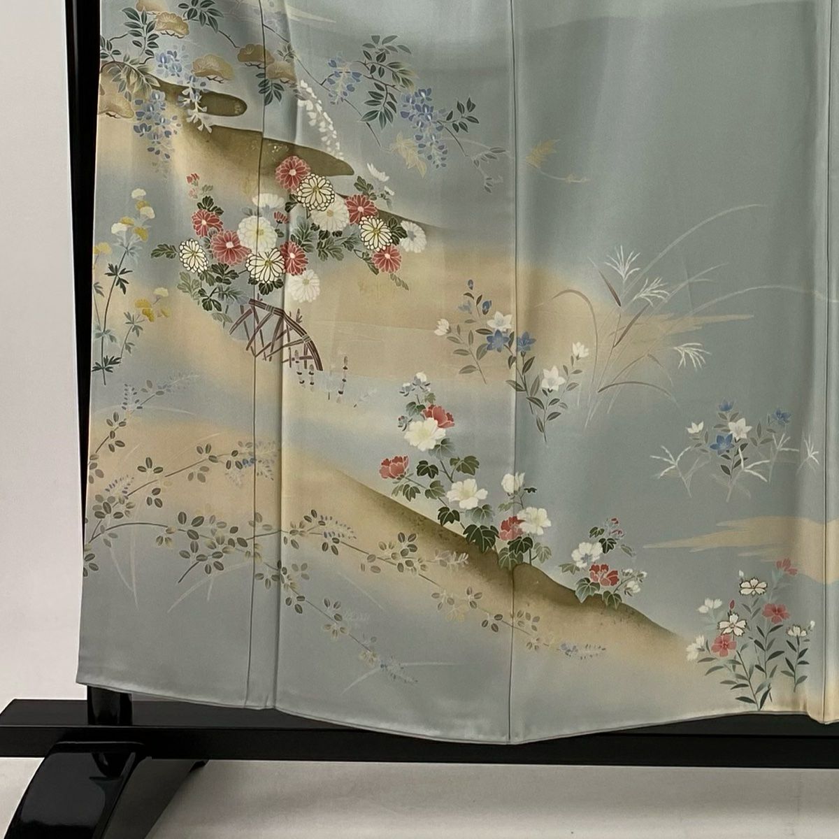 訪問服 身長158.5cm 袖長65cm M 雙層 菊花 霞 金銀彩 漸層 水藍 純蠶絲 秀品級 一つ紋