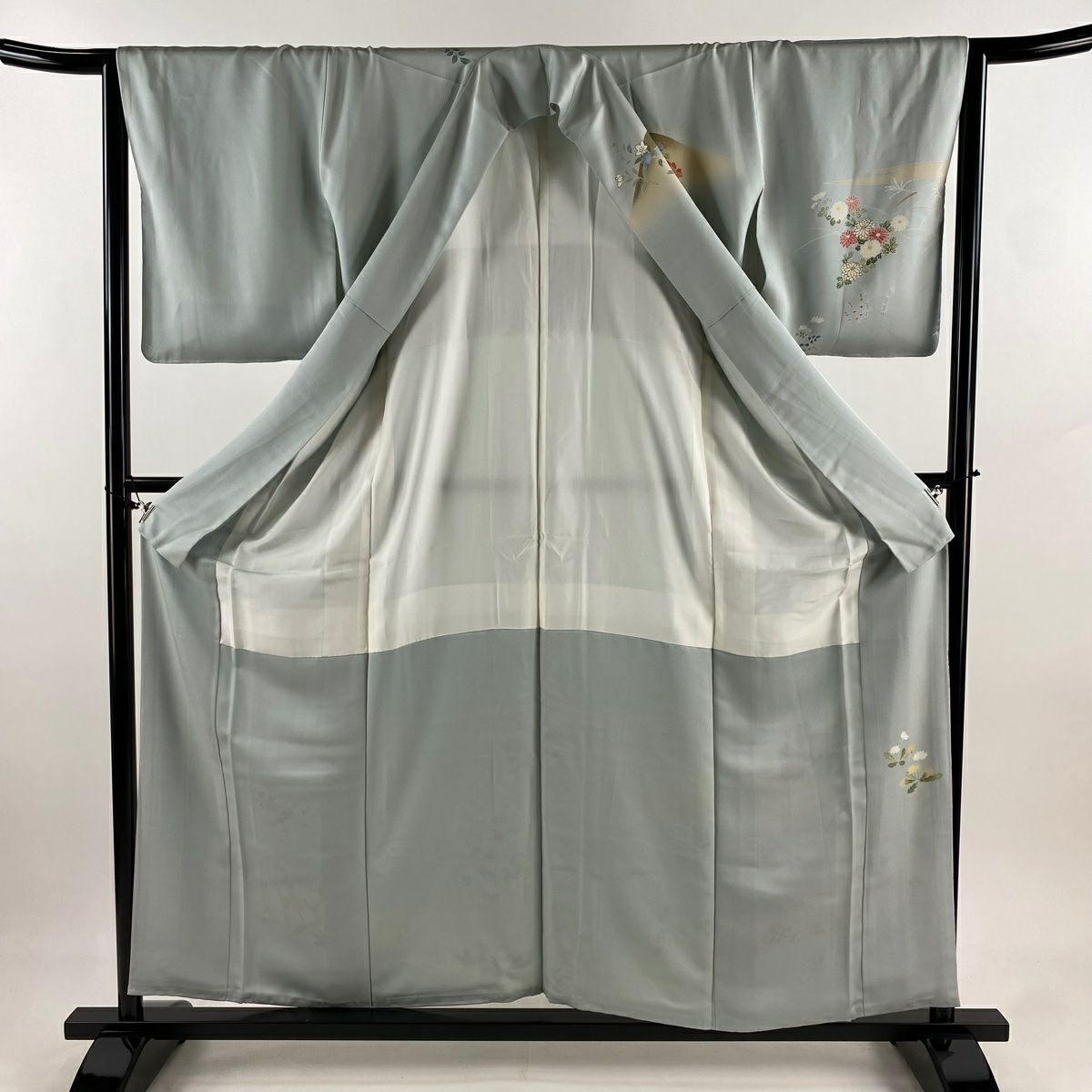 訪問服 身長158.5cm 袖長65cm M 雙層 菊花 霞 金銀彩 漸層 水藍 純蠶絲 秀品級 一つ紋