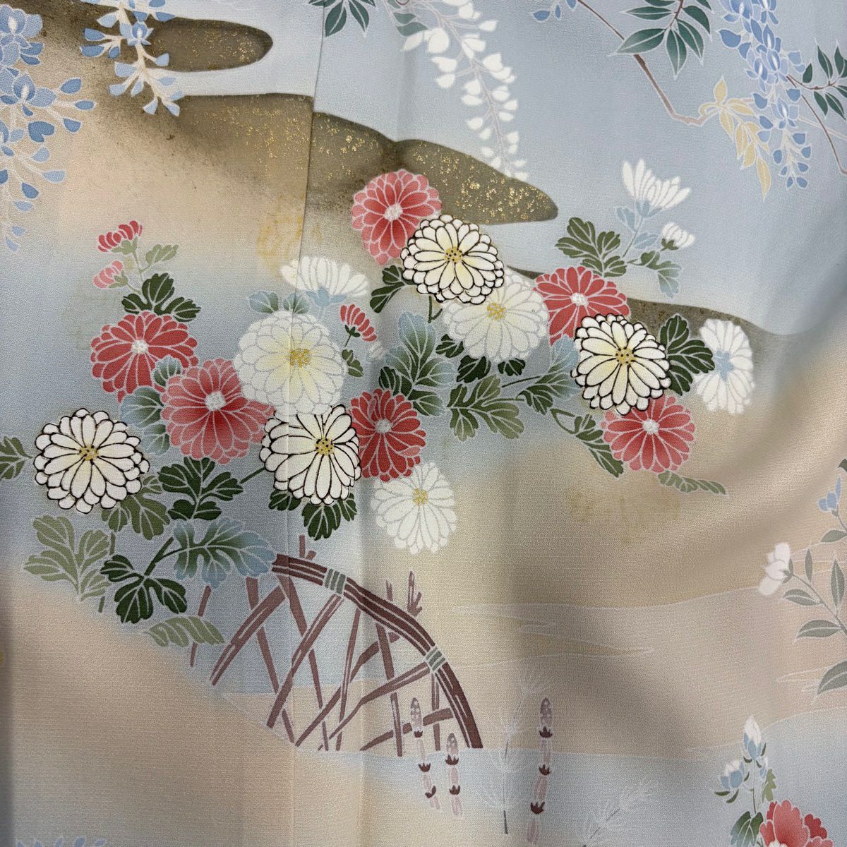 訪問服 身長158.5cm 袖長65cm M 雙層 菊花 霞 金銀彩 漸層 水藍 純蠶絲 秀品級 一つ紋