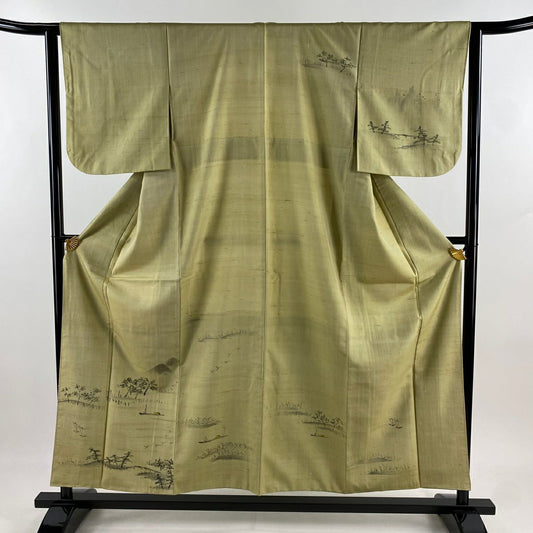 付下 身長155cm 袖長62cm S 雙層 紬織織 風景 樹木 蓬色 純蠶絲 秀品級