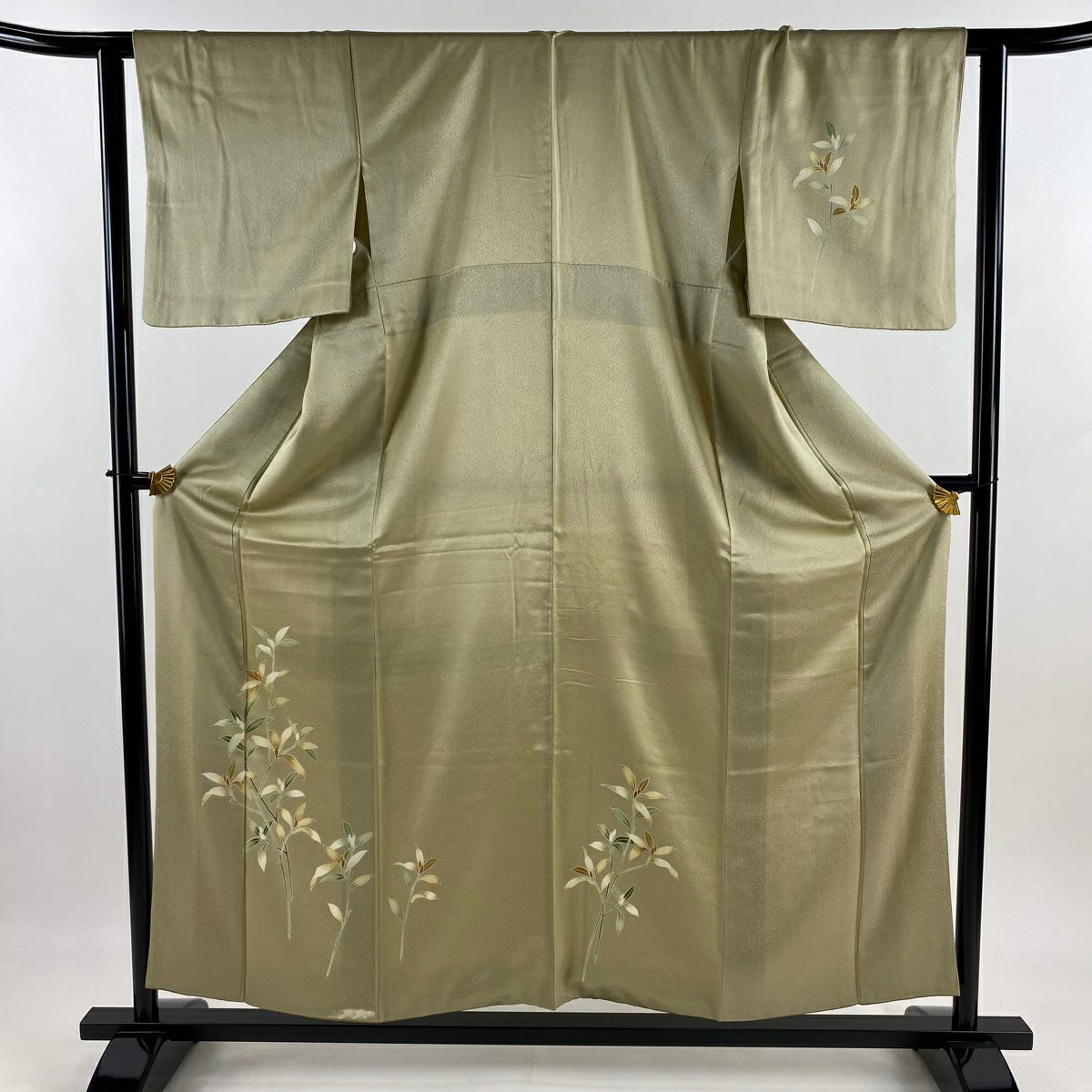 付下 身長155cm 袖長62cm S 雙層 葉柄 灰綠 純蠶絲 秀品級