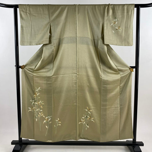 付下 身長155cm 袖長62cm S 雙層 葉柄 灰綠 純蠶絲 秀品級