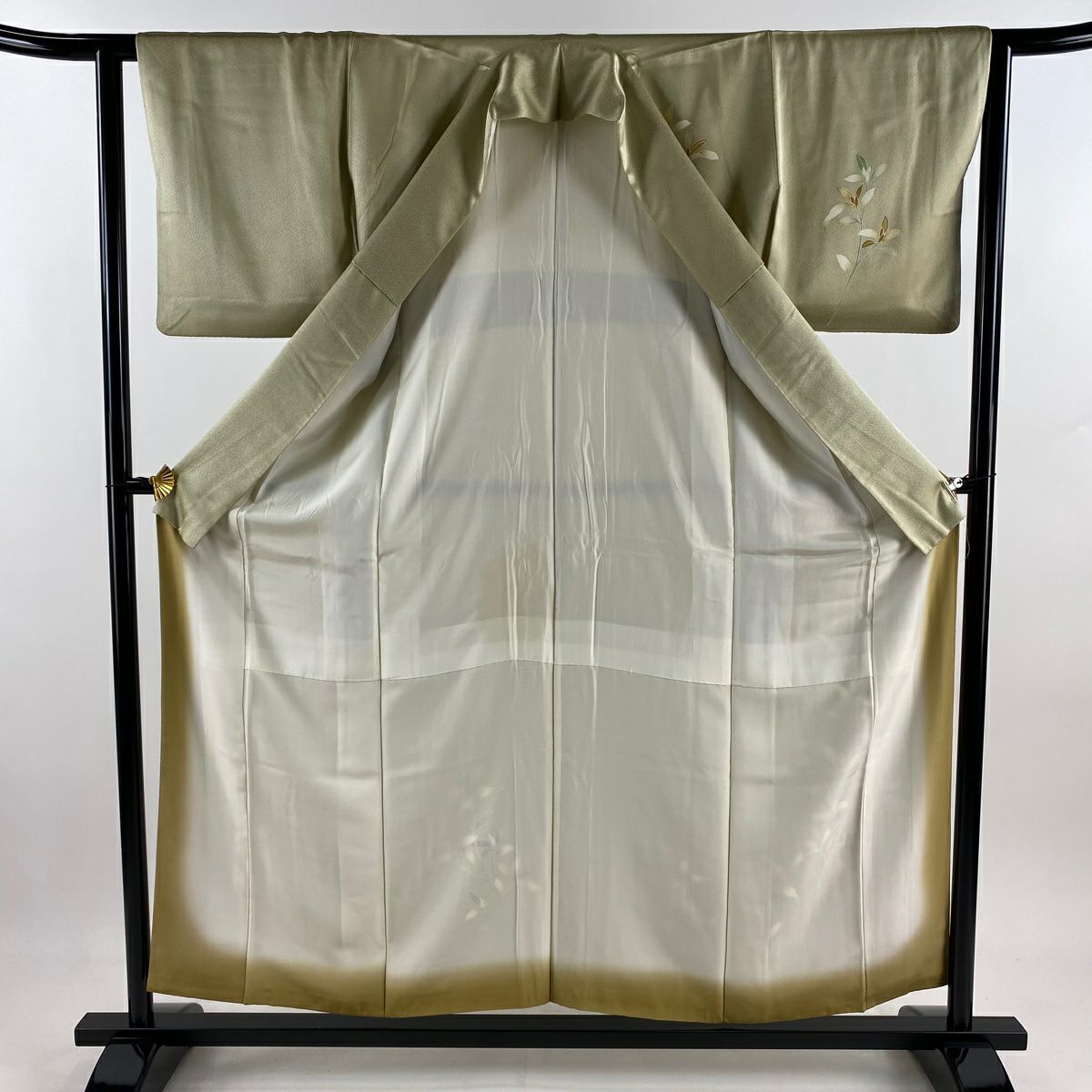 付下 身長155cm 袖長62cm S 雙層 葉柄 灰綠 純蠶絲 秀品級