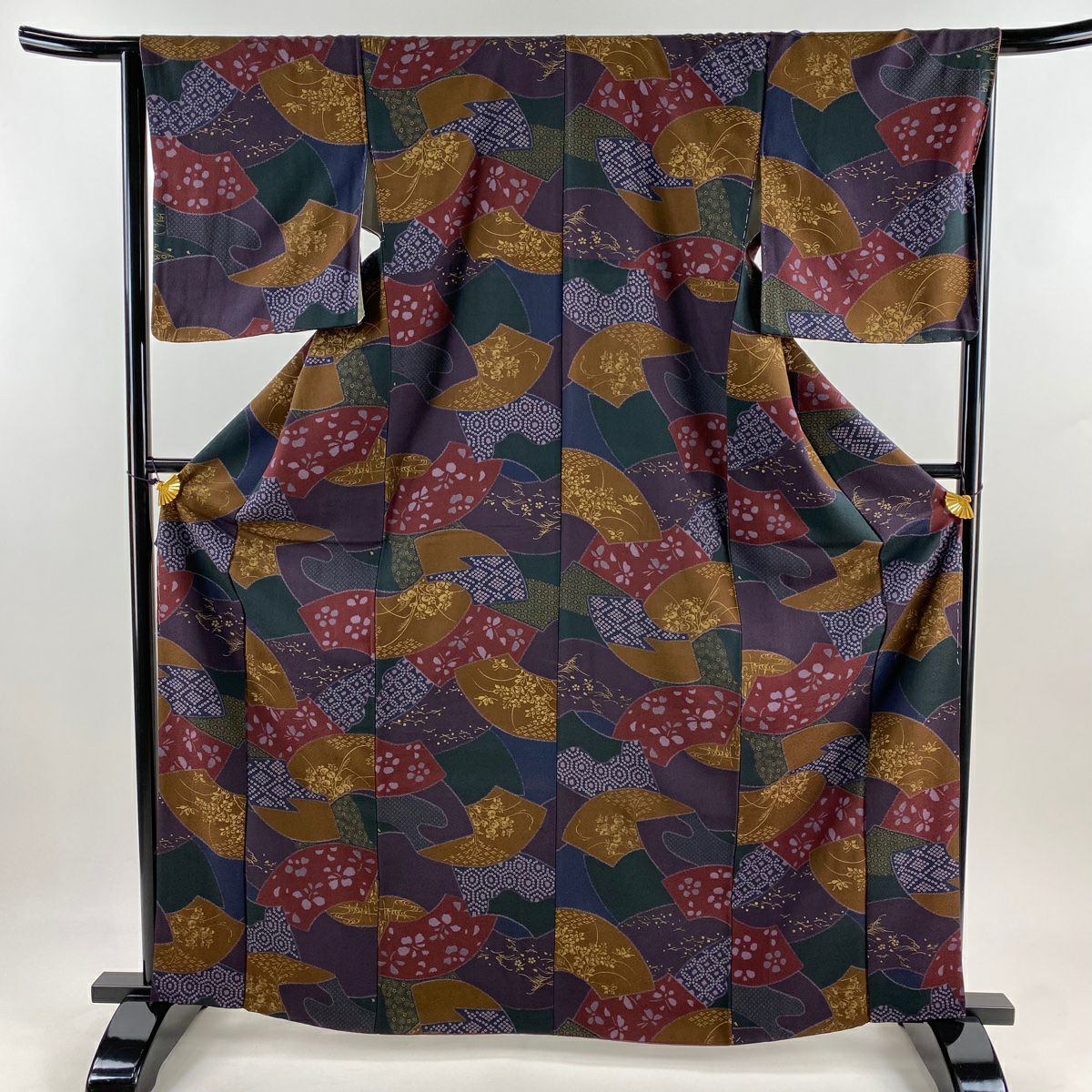 小紋 身長164.5cm 袖長65.5cm M 雙層 扇子面 草花紋紋 金彩裝飾 紫 純蠶絲 秀品級