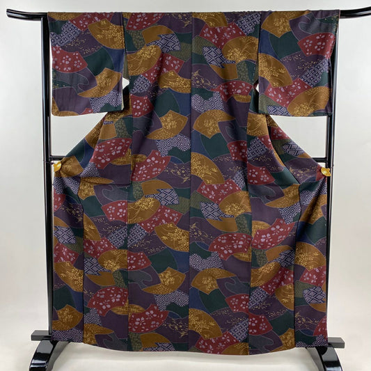 小紋 身長164.5cm 袖長65.5cm M 雙層 扇子面 草花紋紋 金彩裝飾 紫 純蠶絲 秀品級