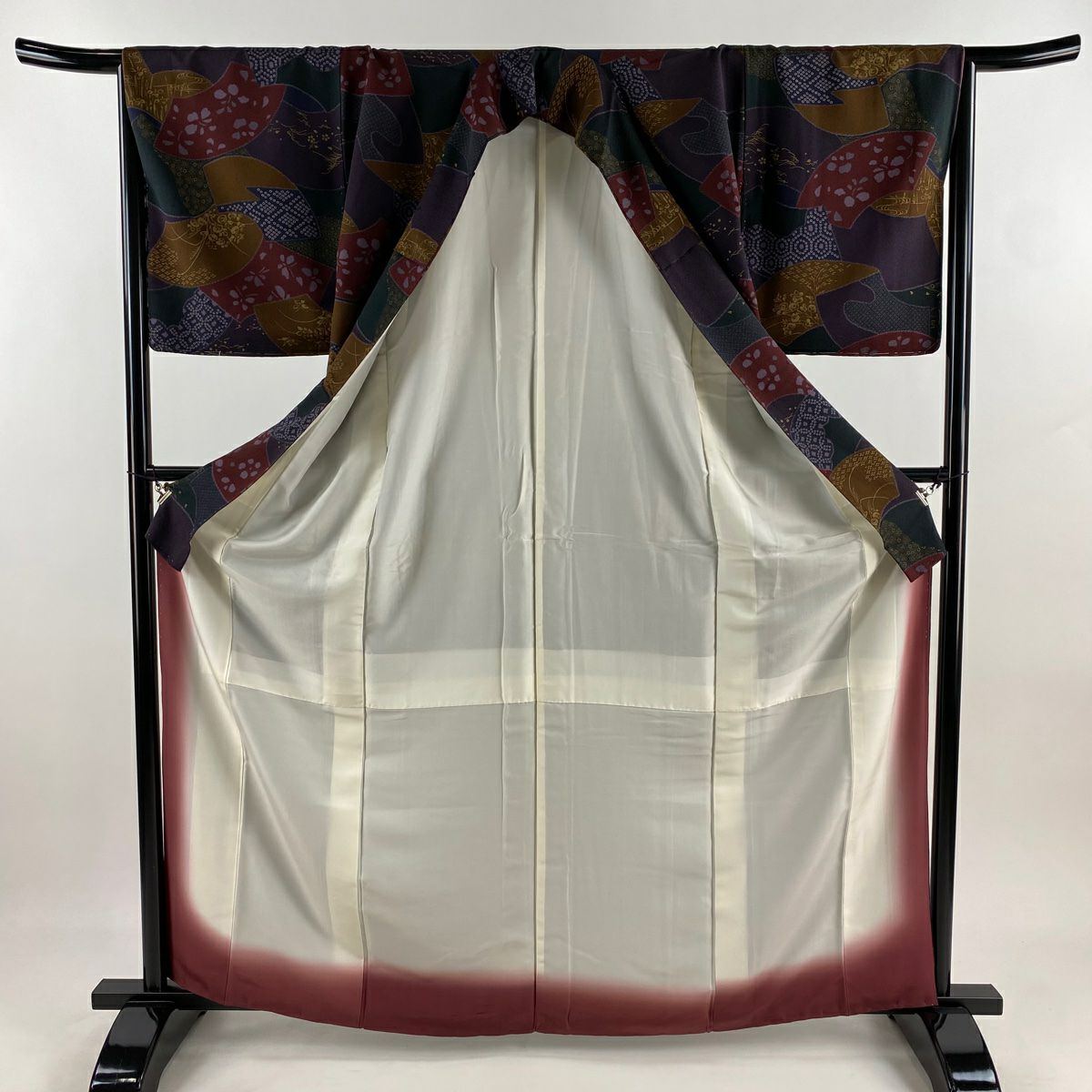 小紋 身長164.5cm 袖長65.5cm M 雙層 扇子面 草花紋紋 金彩裝飾 紫 純蠶絲 秀品級