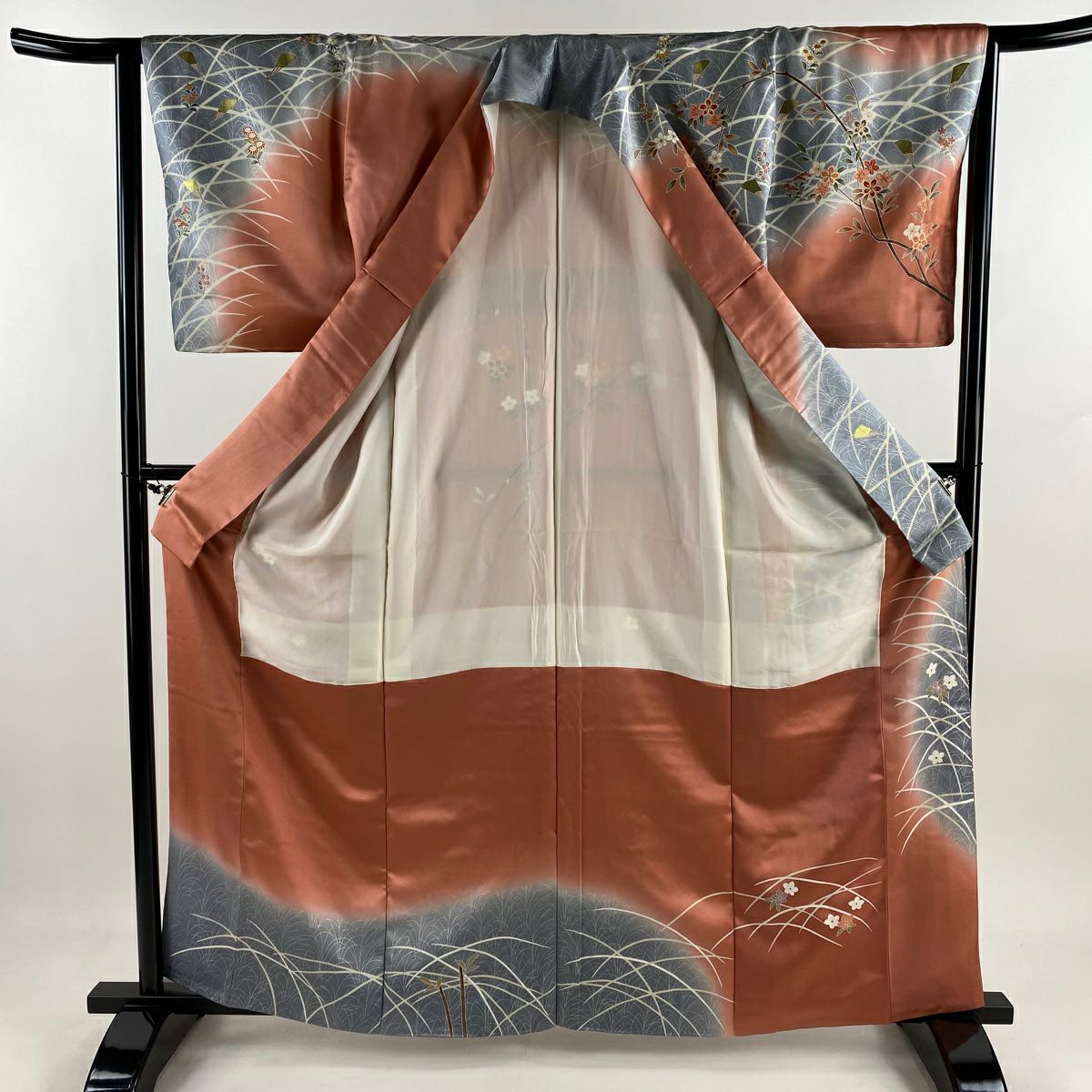 訪問服 身長162cm 袖長63.5cm S 雙層 枝花 萩 金絲 金銀彩 粉米色 純蠶絲 秀品級