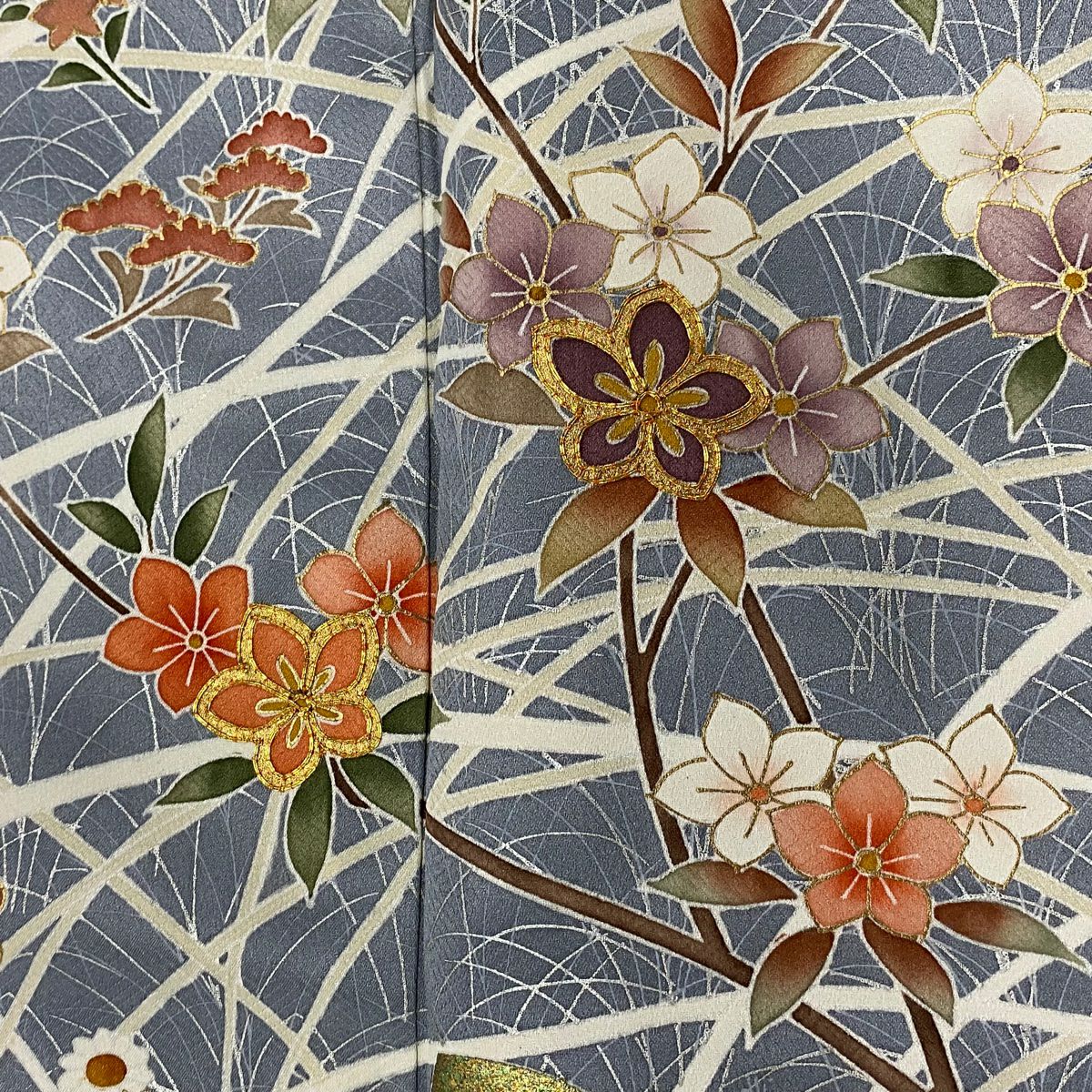 訪問服 身長162cm 袖長63.5cm S 雙層 枝花 萩 金絲 金銀彩 粉米色 純蠶絲 秀品級