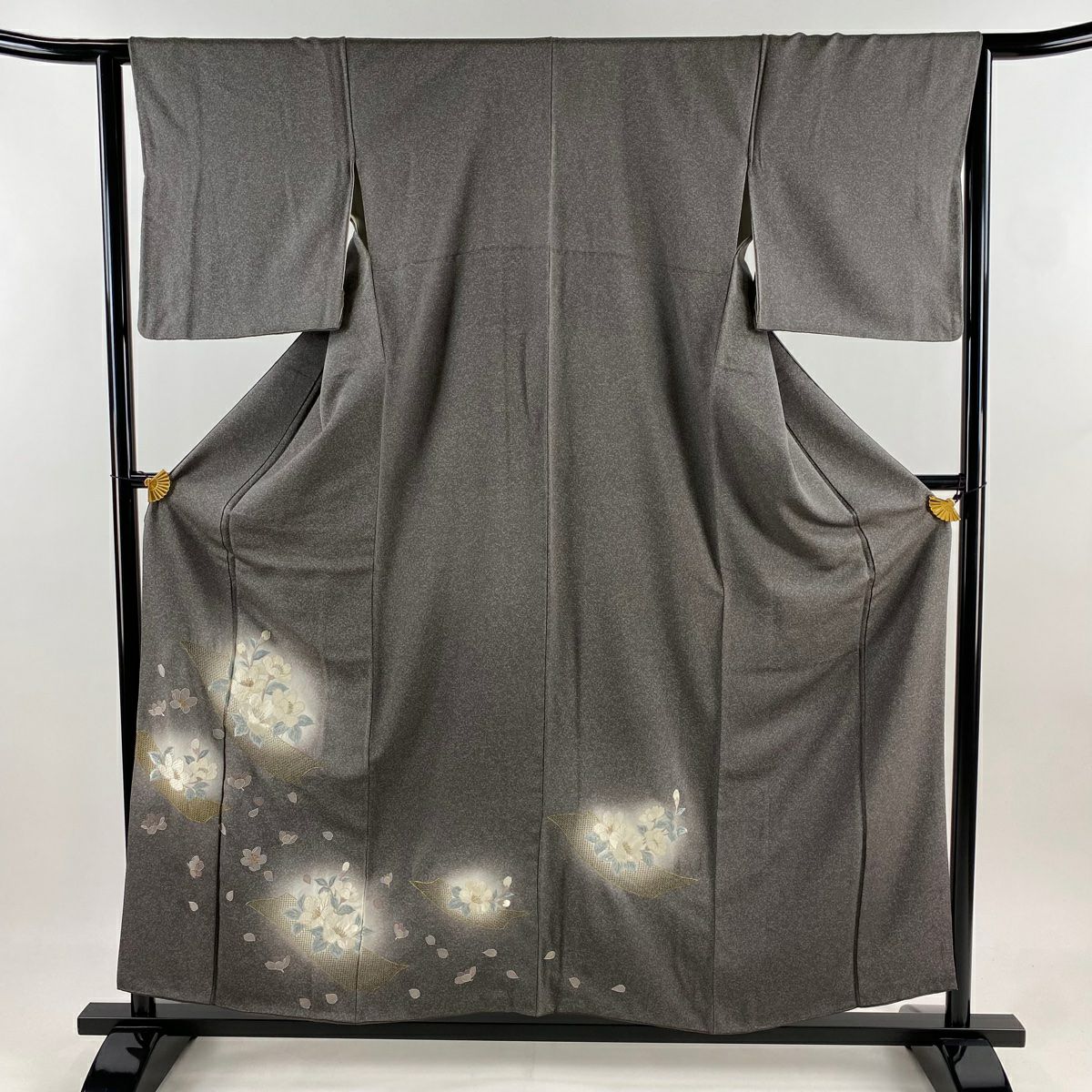 付下 身長157cm 袖長63cm S 雙層 草花紋紋 花瓣 刺繡 金線 灰色 純蠶絲 優品級