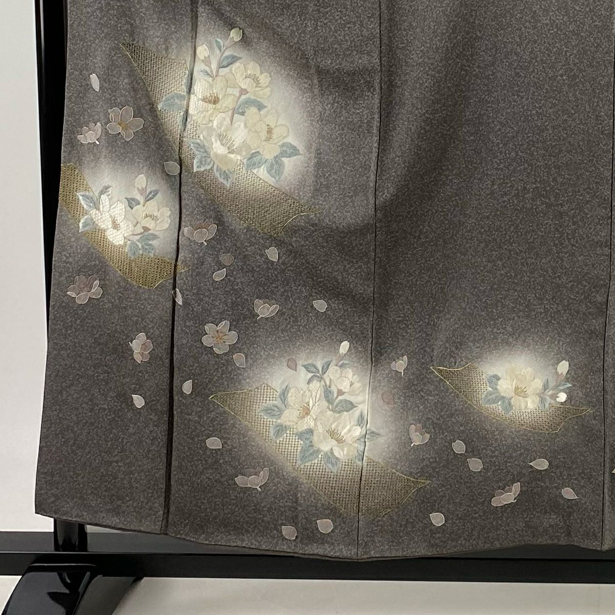 付下 身長157cm 袖長63cm S 雙層 草花紋紋 花瓣 刺繡 金線 灰色 純蠶絲 優品級