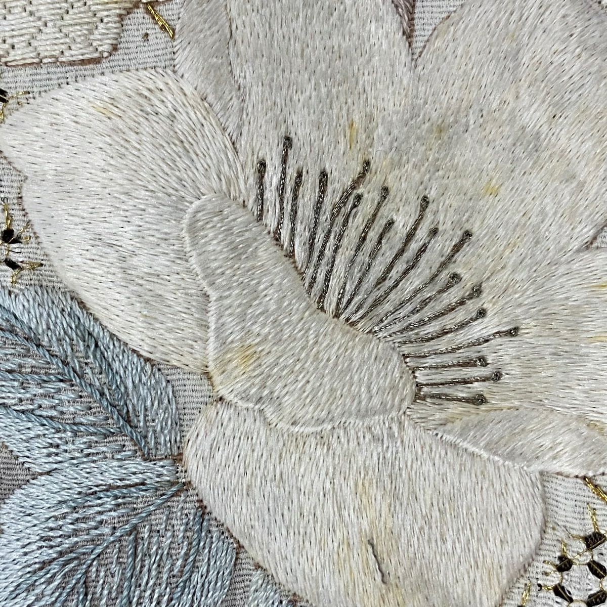 付下 身長157cm 袖長63cm S 雙層 草花紋紋 花瓣 刺繡 金線 灰色 純蠶絲 優品級
