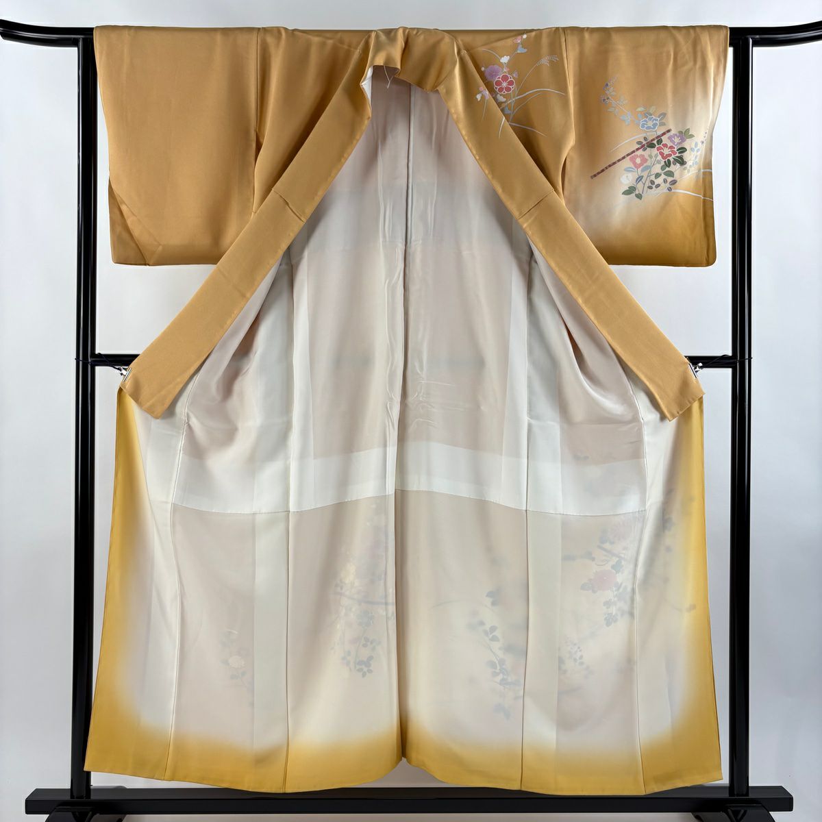 訪問服 身長154.5cm 袖長62cm S 雙層 菊花 花紋 金線 漸層 橙色 純蠶絲 秀品級