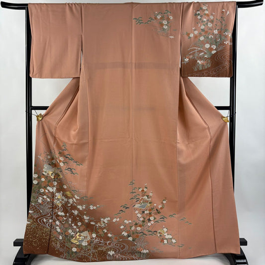 訪問服 身長168.5cm 袖長65.5cm M 雙層 色紙 草花紋紋 金銀彩 漸層 鮭粉色 純蠶絲 優品級