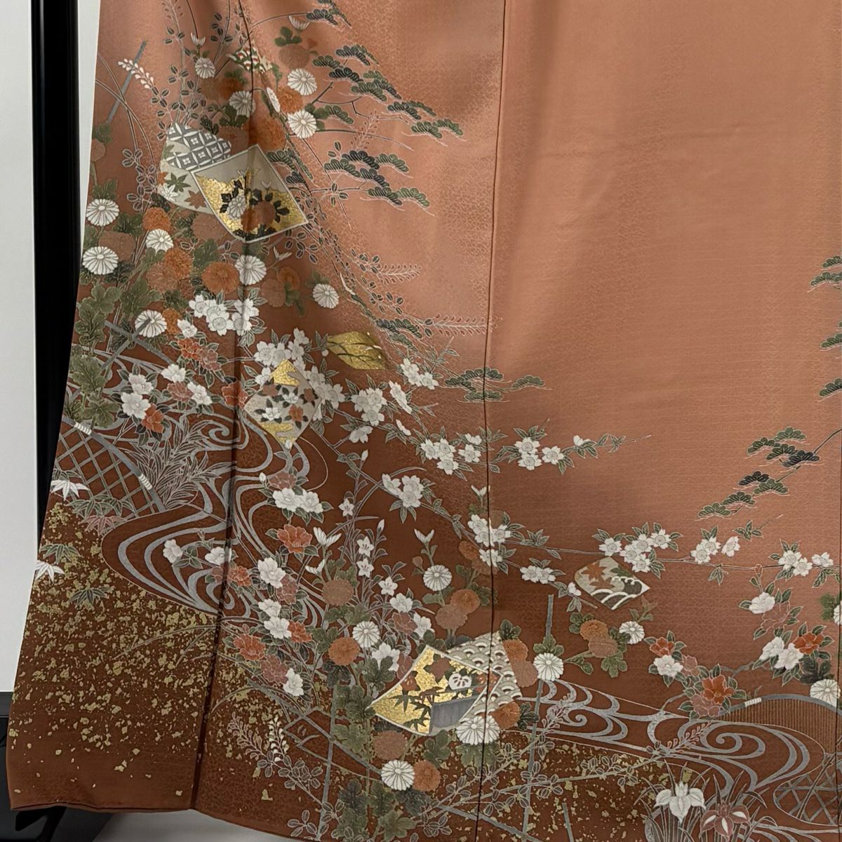 訪問服 身長168.5cm 袖長65.5cm M 雙層 色紙 草花紋紋 金銀彩 漸層 鮭粉色 純蠶絲 優品級