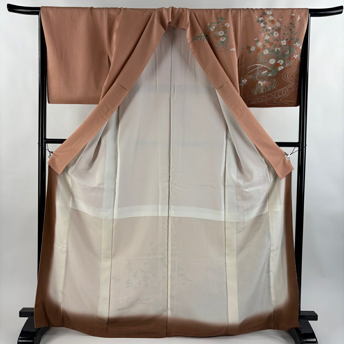 訪問服 身長168.5cm 袖長65.5cm M 雙層 色紙 草花紋紋 金銀彩 漸層 鮭粉色 純蠶絲 優品級
