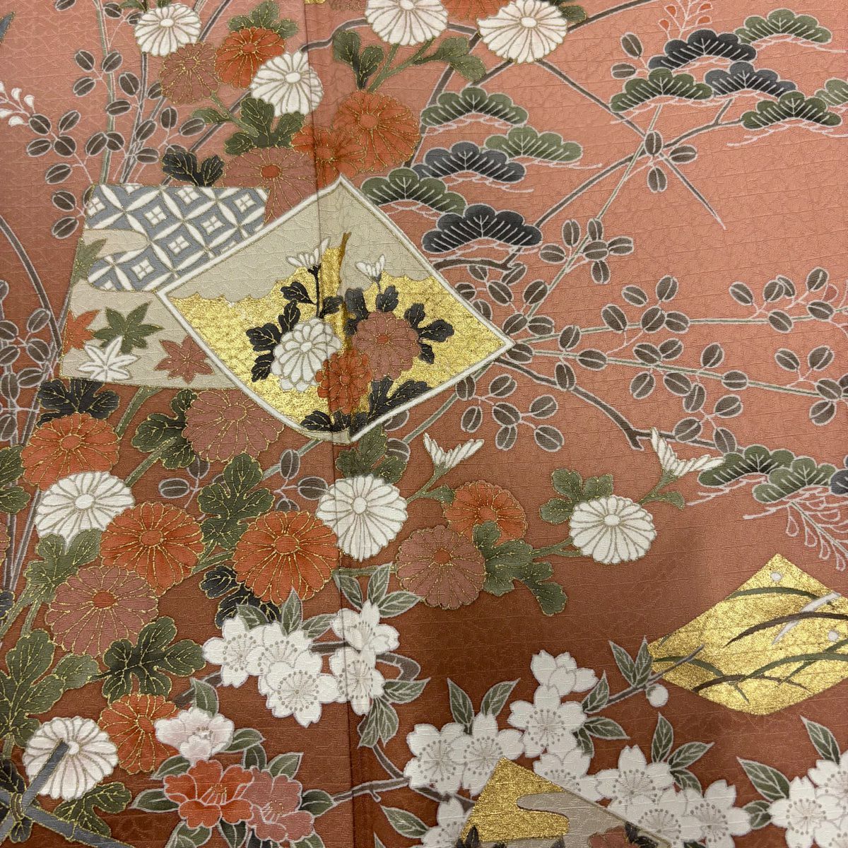 訪問服 身長168.5cm 袖長65.5cm M 雙層 色紙 草花紋紋 金銀彩 漸層 鮭粉色 純蠶絲 優品級