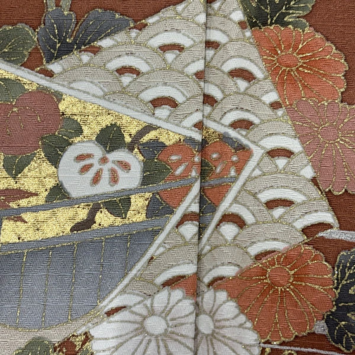 訪問服 身長168.5cm 袖長65.5cm M 雙層 色紙 草花紋紋 金銀彩 漸層 鮭粉色 純蠶絲 優品級