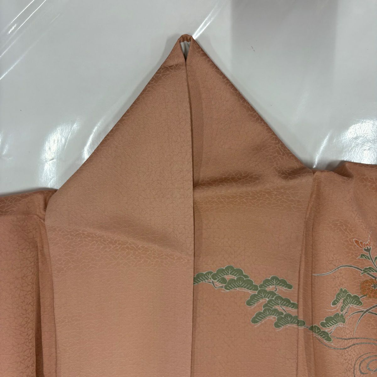 訪問服 身長168.5cm 袖長65.5cm M 雙層 色紙 草花紋紋 金銀彩 漸層 鮭粉色 純蠶絲 優品級