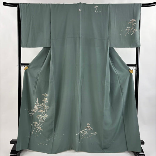 付下 身長164.5cm 袖長67cm M 雙層 松樹花金銀彩 灰綠 純蠶絲 秀品級 一つ紋