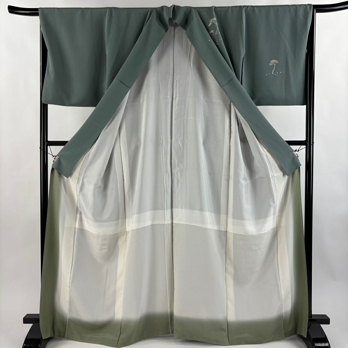 付下 身長164.5cm 袖長67cm M 雙層 松樹花金銀彩 灰綠 純蠶絲 秀品級 一つ紋