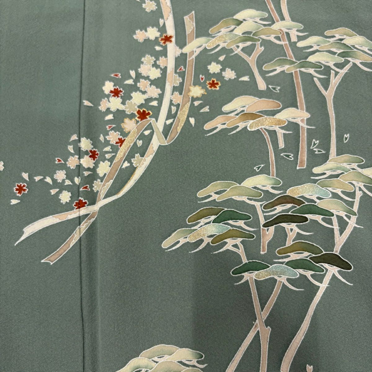 付下 身長164.5cm 袖長67cm M 雙層 松樹花金銀彩 灰綠 純蠶絲 秀品級 一つ紋
