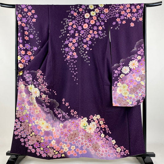 【美品】振袖禮服 身長160.5cm 袖長65cm M 雙層 Cosmos 樱花 銀通し 金金箔 紫 純蠶絲 逸品級