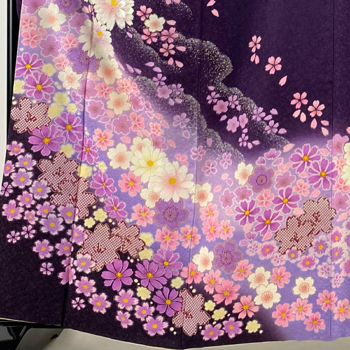 【美品】振袖禮服 身長160.5cm 袖長65cm M 雙層 Cosmos 樱花 銀通し 金金箔 紫 純蠶絲 逸品級