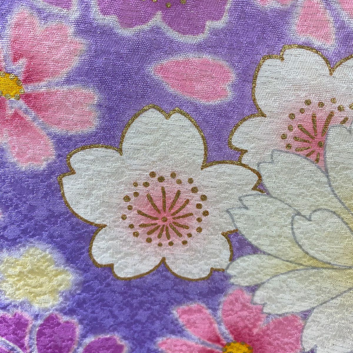 【美品】振袖禮服 身長160.5cm 袖長65cm M 雙層 Cosmos 樱花 銀通し 金金箔 紫 純蠶絲 逸品級