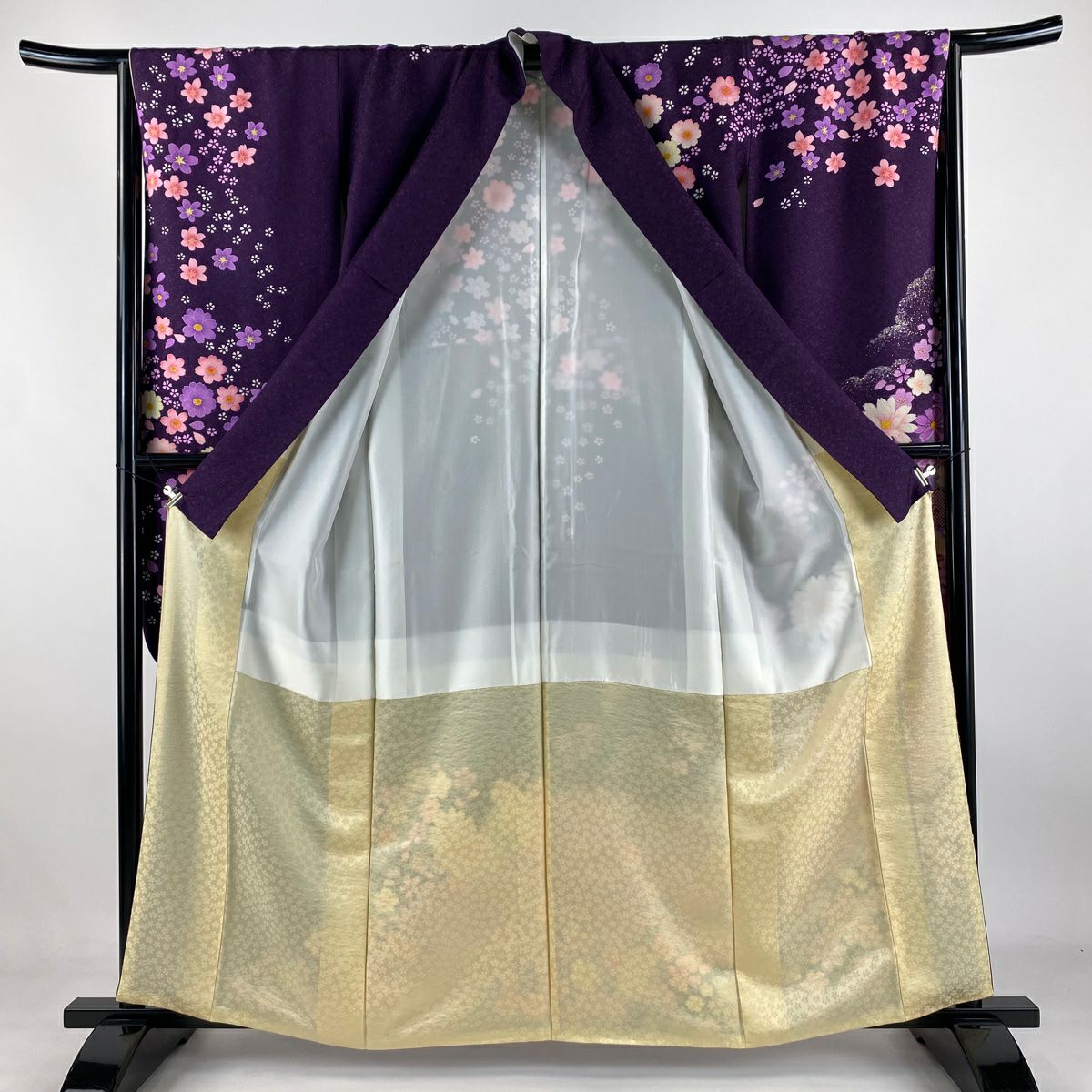 【美品】振袖禮服 身長160.5cm 袖長65cm M 雙層 Cosmos 樱花 銀通し 金金箔 紫 純蠶絲 逸品級