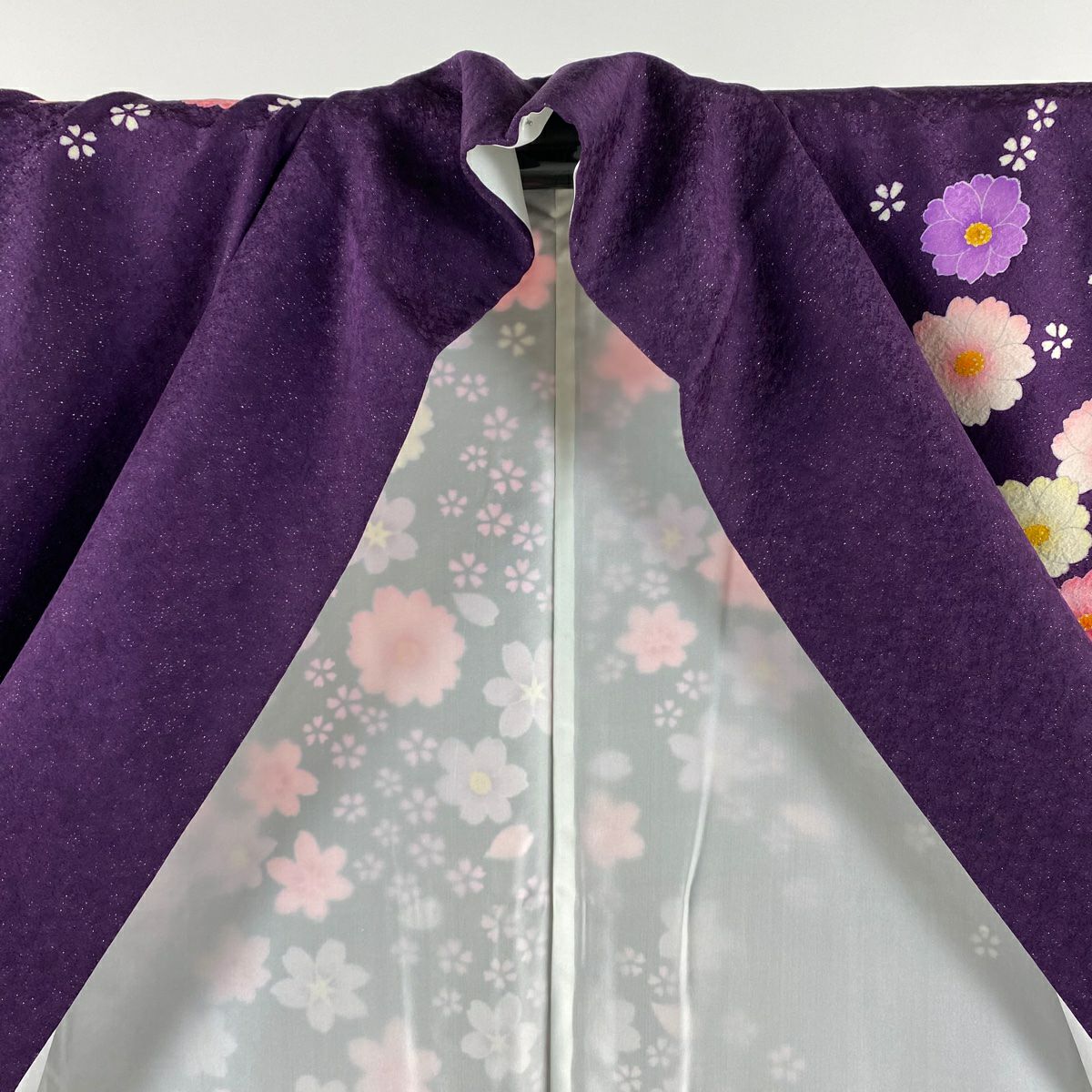 【美品】振袖禮服 身長160.5cm 袖長65cm M 雙層 Cosmos 樱花 銀通し 金金箔 紫 純蠶絲 逸品級