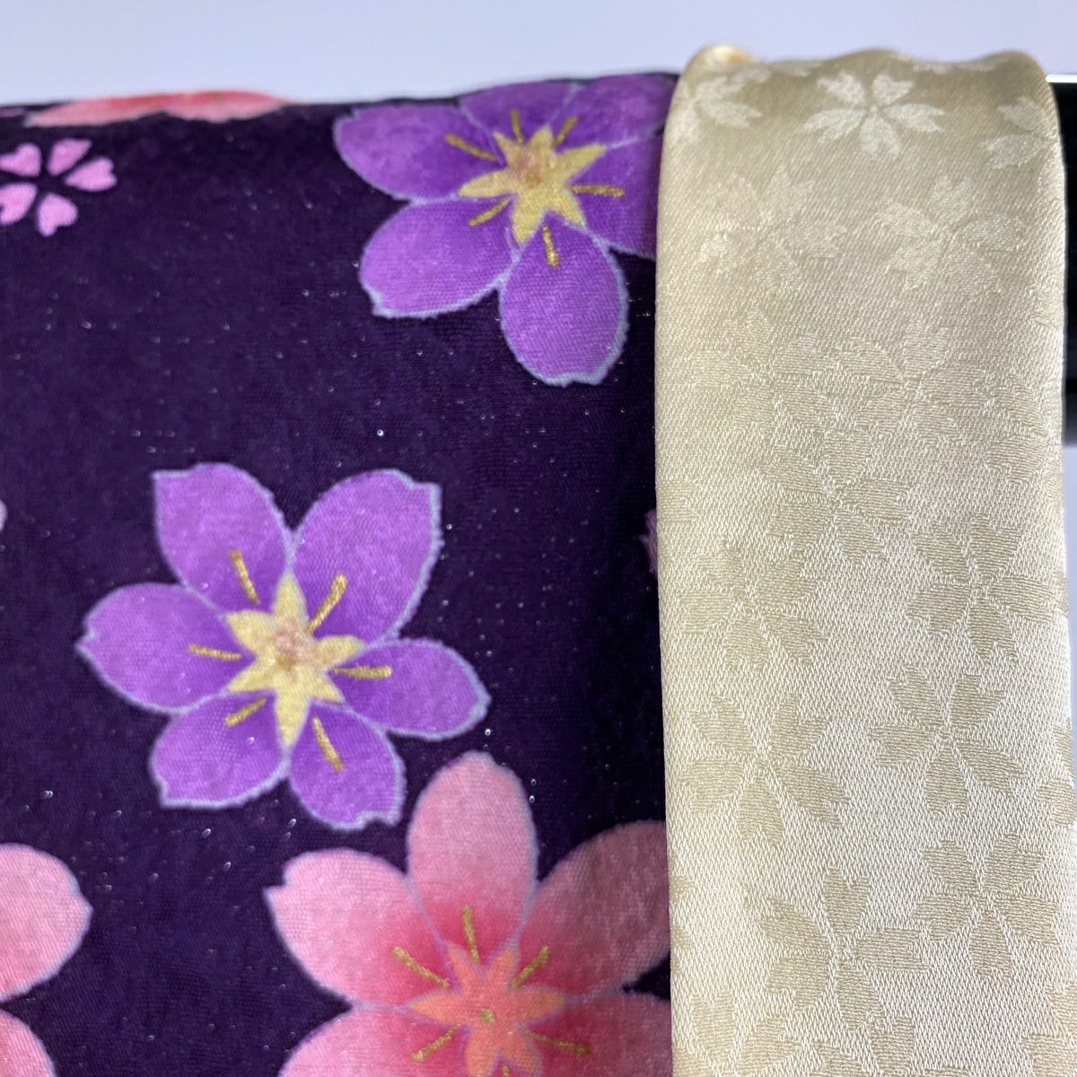 【美品】振袖禮服 身長160.5cm 袖長65cm M 雙層 Cosmos 樱花 銀通し 金金箔 紫 純蠶絲 逸品級