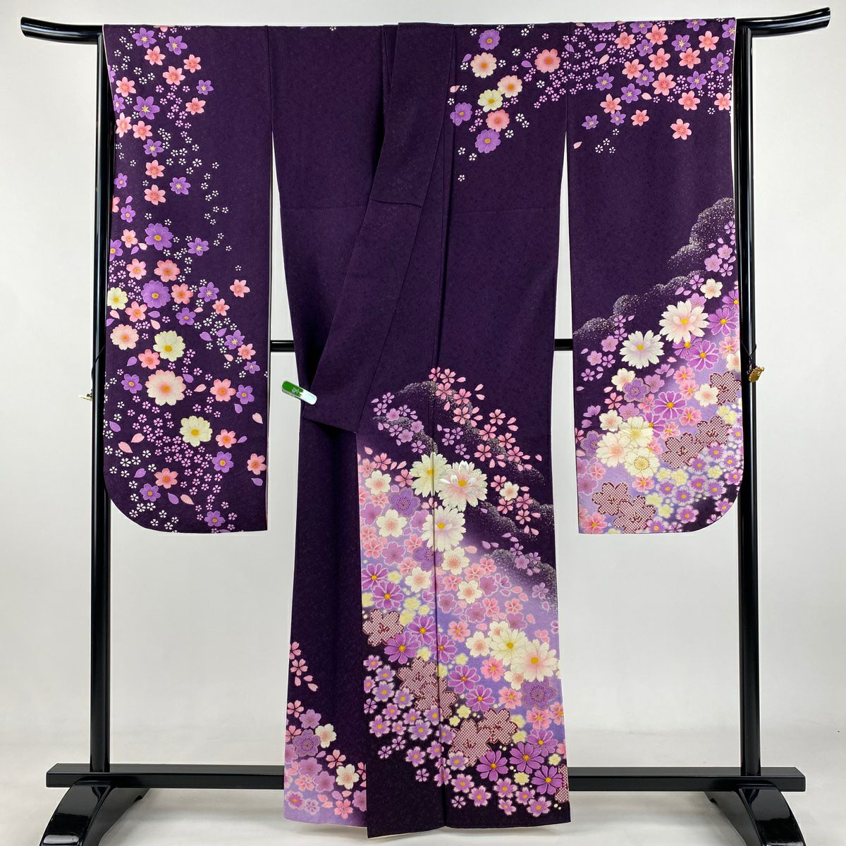 【美品】振袖禮服 身長160.5cm 袖長65cm M 雙層 Cosmos 樱花 銀通し 金金箔 紫 純蠶絲 逸品級
