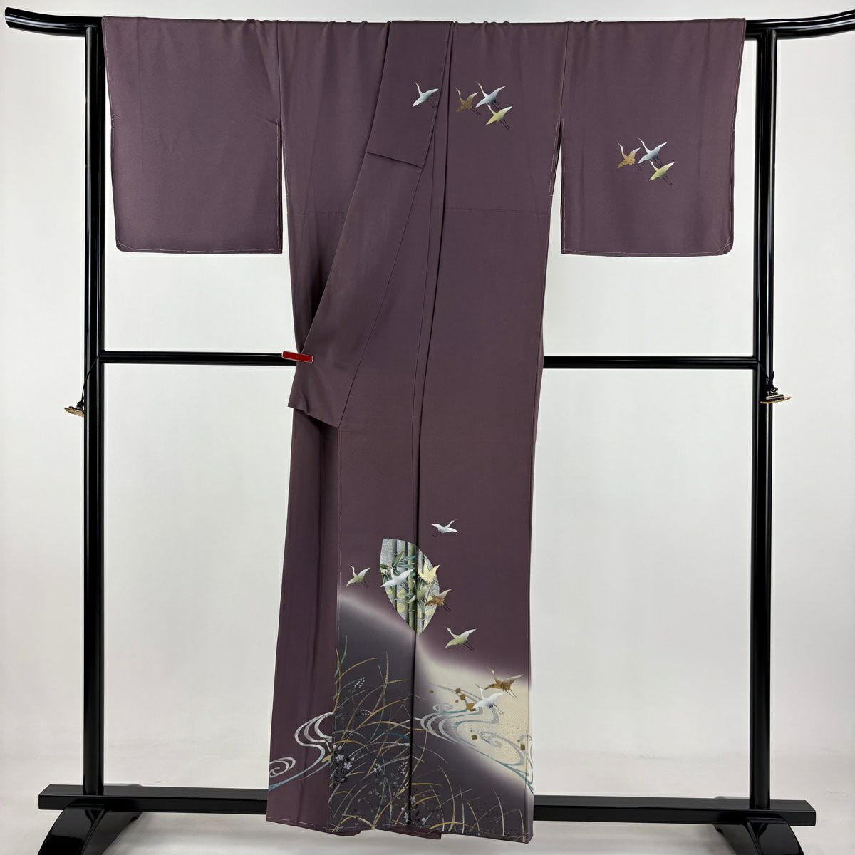 訪問服 身長157.5cm 袖長67cm M 雙層 落款 仙鶴 竹子 螺鈿 金銀彩 灰紫 純蠶絲 逸品級
