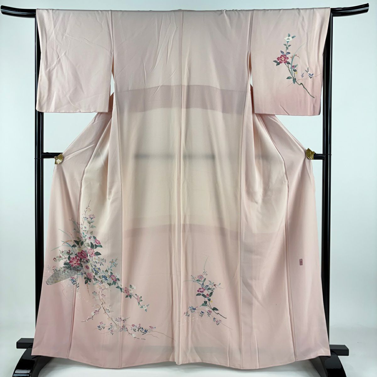 付下 身長163.5cm 袖長67.5cm L 雙層 岡本幸治 加賀友禪 落款 花籠 枝梅花 粉紅 純蠶絲 逸品級