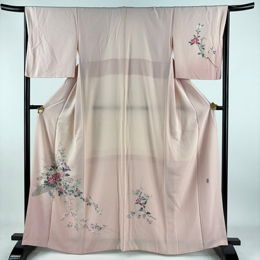 付下 身長163.5cm 袖長67.5cm L 雙層 岡本幸治 加賀友禪 落款 花籠 枝梅花 粉紅 純蠶絲 逸品級