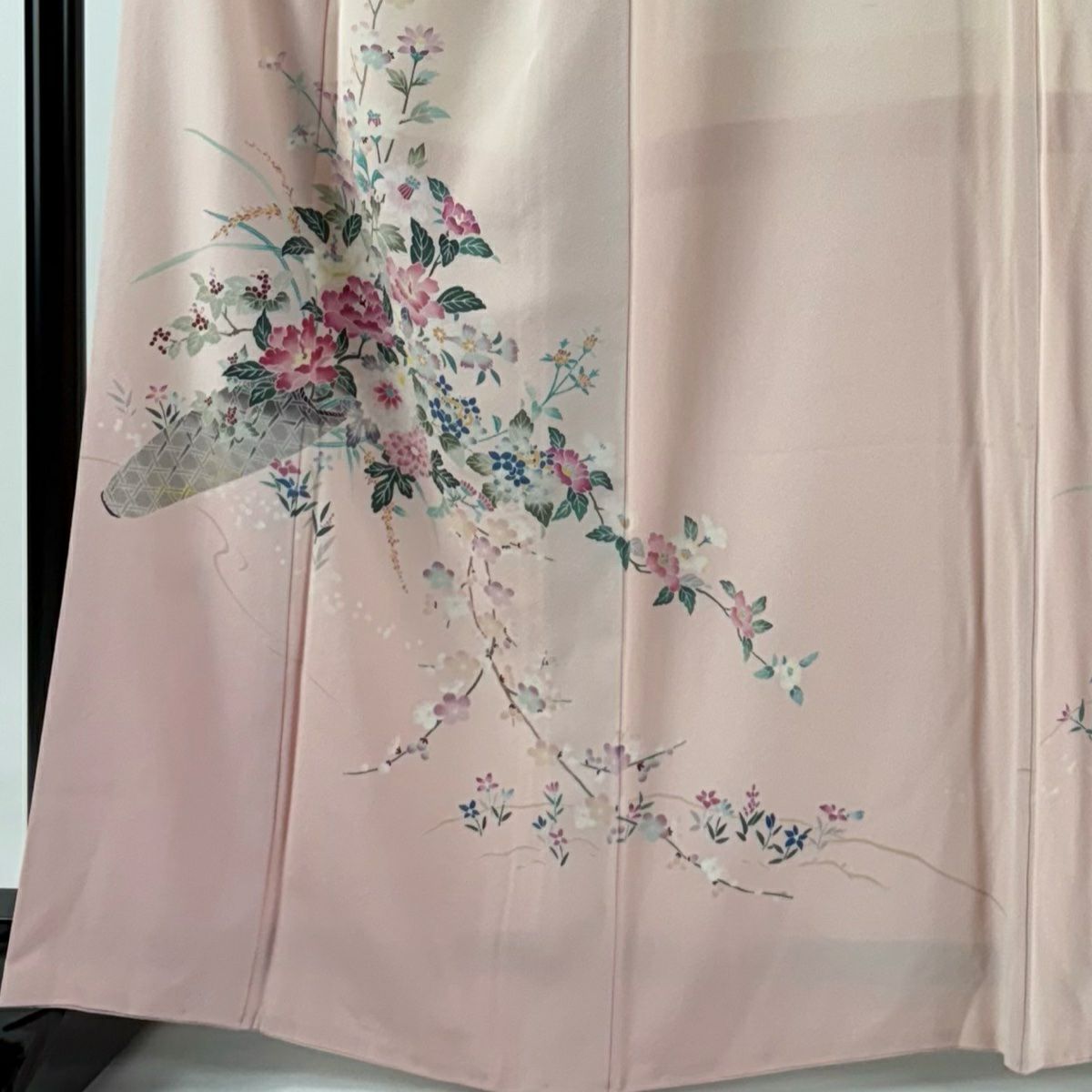 付下 身長163.5cm 袖長67.5cm L 雙層 岡本幸治 加賀友禪 落款 花籠 枝梅花 粉紅 純蠶絲 逸品級