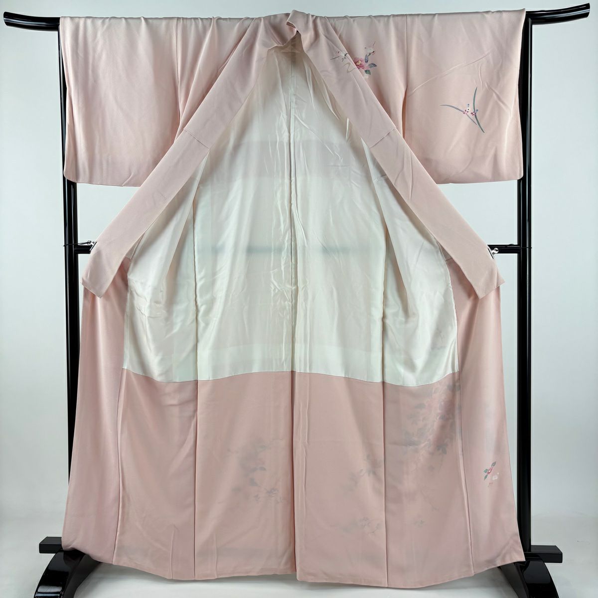 付下 身長163.5cm 袖長67.5cm L 雙層 岡本幸治 加賀友禪 落款 花籠 枝梅花 粉紅 純蠶絲 逸品級
