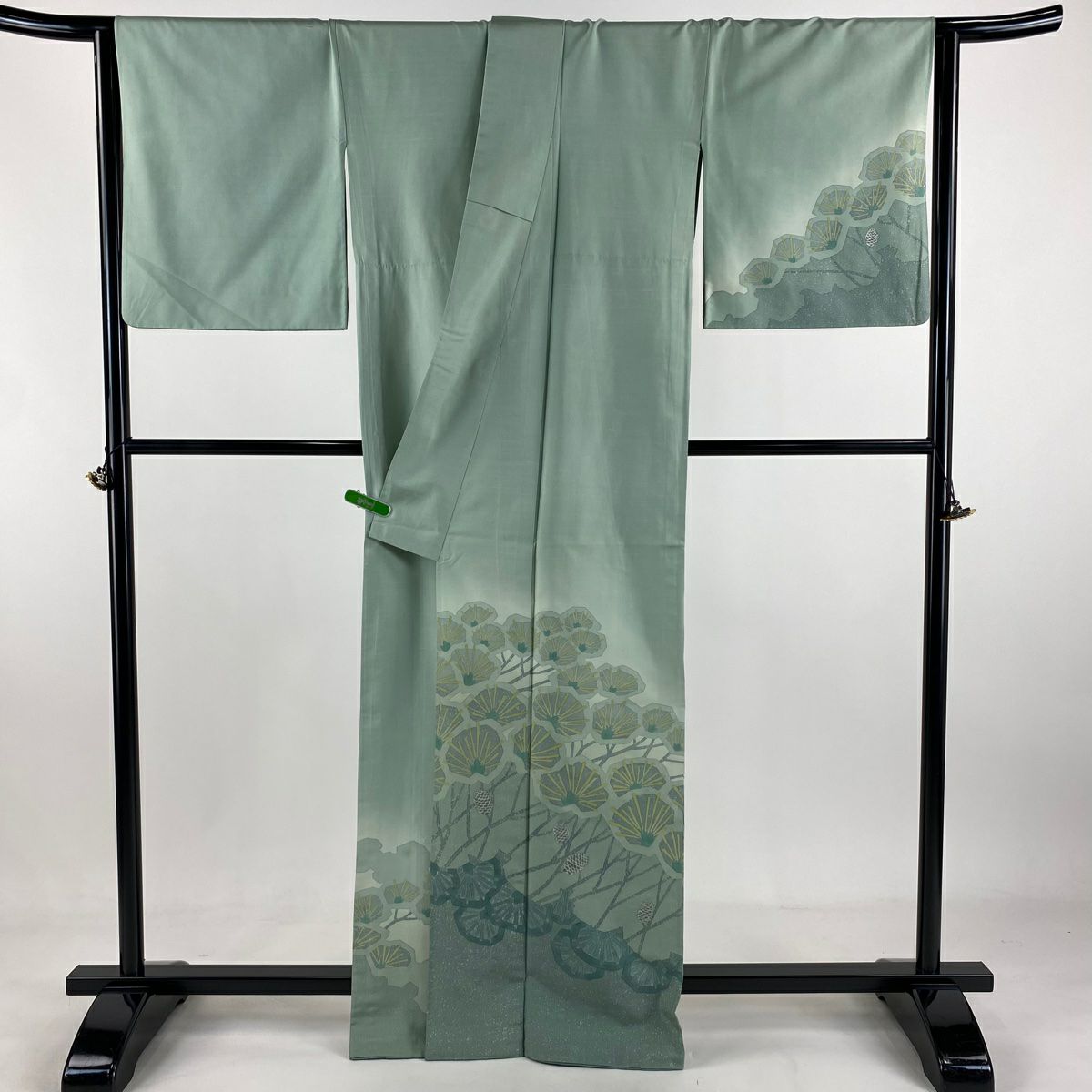 付下 身長165.5cm 袖長67.5cm L 單層 牛首紬織織地 落款あり 笠松樹 松樹笠 薄綠 純蠶絲 逸品級
