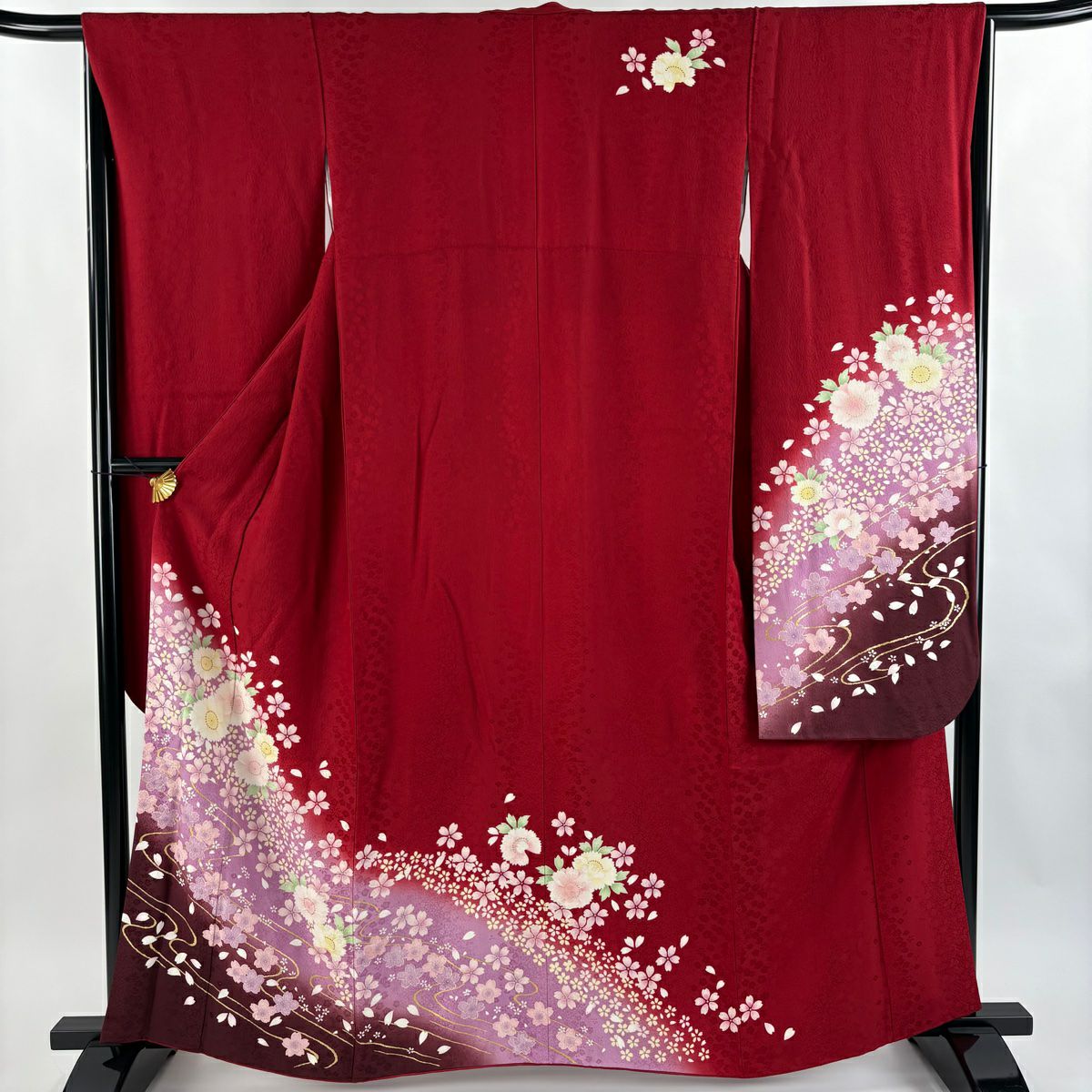 振袖禮服 身長162cm 袖長65.5cm M 雙層 櫻花 流水 金彩裝飾 漸層 紅 純蠶絲 名品級