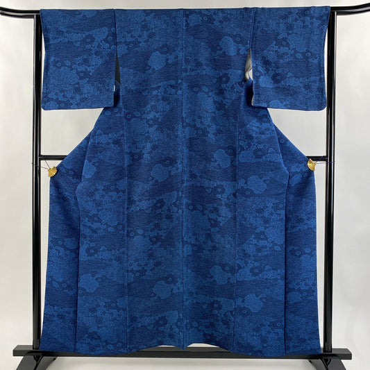 小紋 身長158cm 袖長64cm M 雙層 草花紋紋 波 絞染 深藍 純蠶絲 秀品級