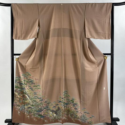 色留袖禮服 身長162.5cm 袖長64.5cm M 雙層 松樹 櫻花 辻花染 粉米色 純蠶絲 秀品級 一つ紋