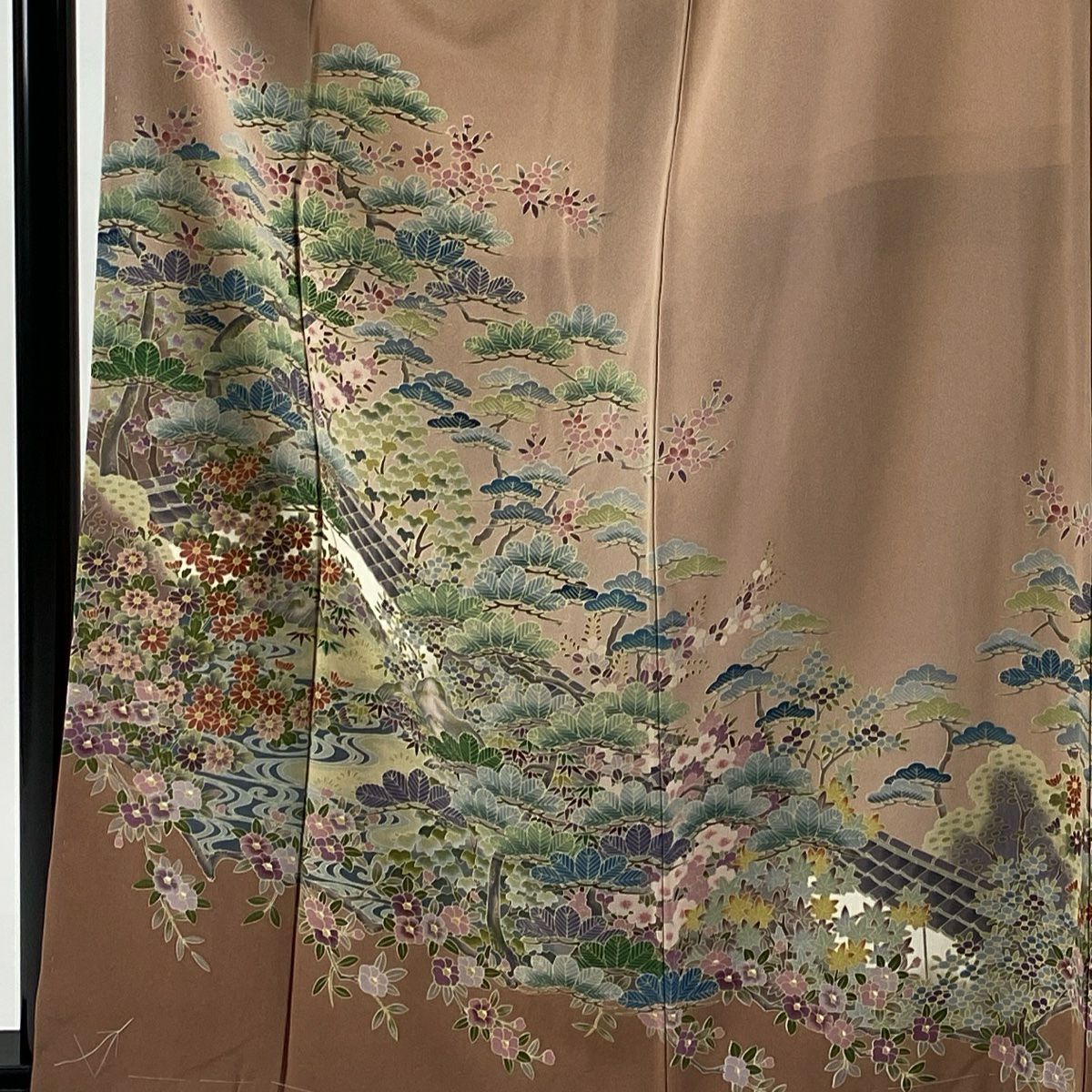 色留袖禮服 身長162.5cm 袖長64.5cm M 雙層 松樹 櫻花 辻花染 粉米色 純蠶絲 秀品級 一つ紋