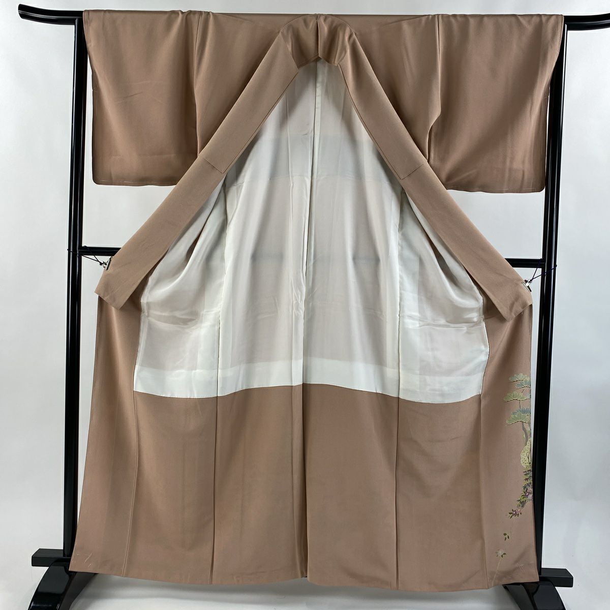 色留袖禮服 身長162.5cm 袖長64.5cm M 雙層 松樹 櫻花 辻花染 粉米色 純蠶絲 秀品級 一つ紋