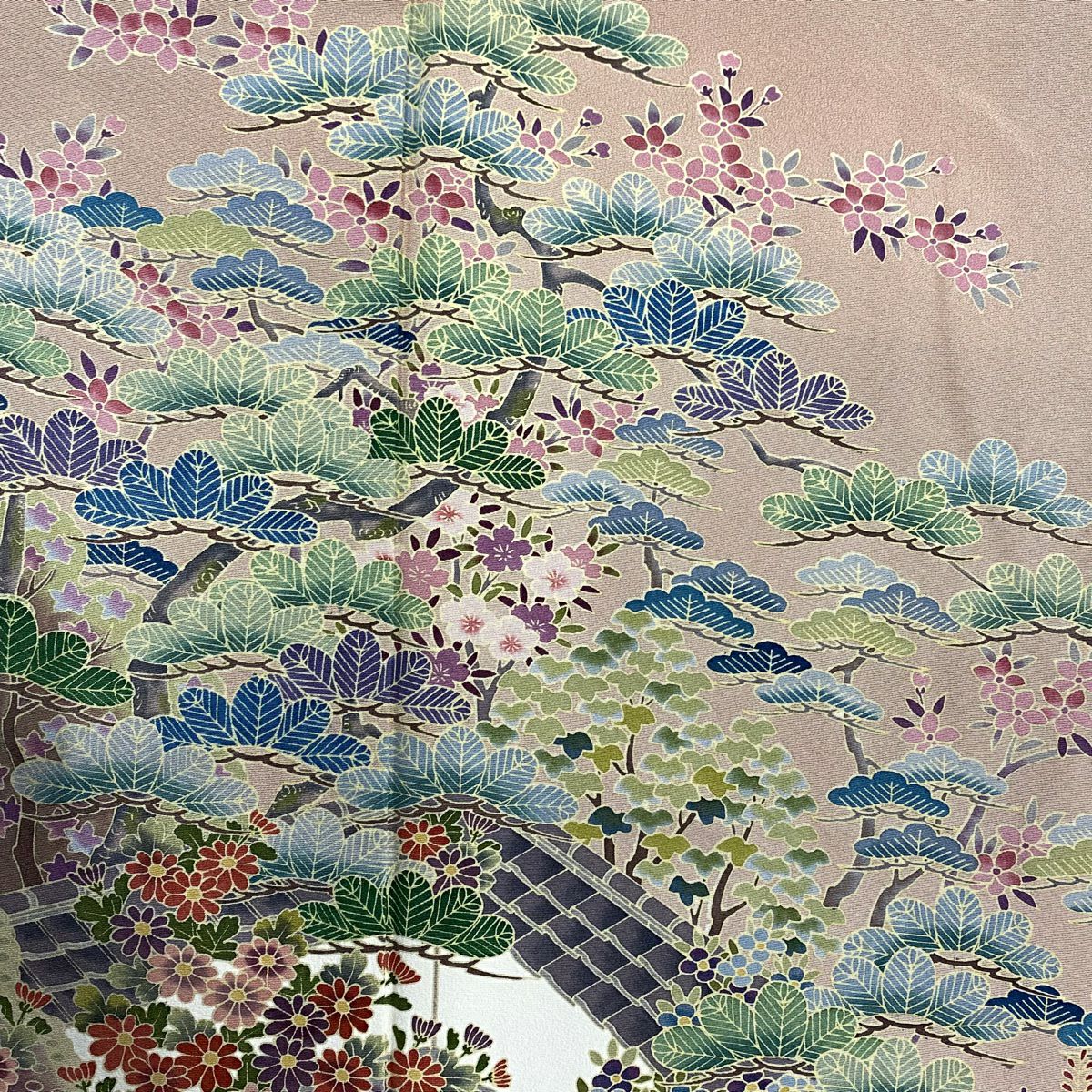 色留袖禮服 身長162.5cm 袖長64.5cm M 雙層 松樹 櫻花 辻花染 粉米色 純蠶絲 秀品級 一つ紋